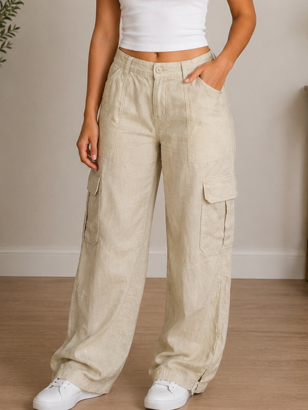 Hollister High Rise Pants Womens Cargo Vintage Baggy size Xs linen blend